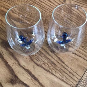 Two anchor blown glass stemless wine glasses